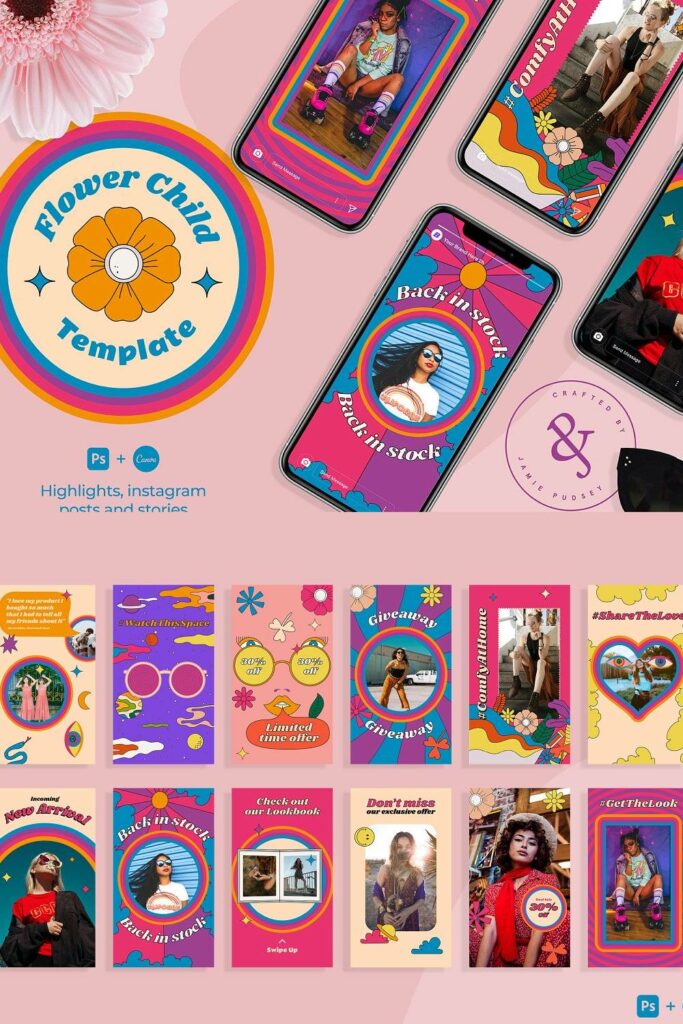 Flower Child Insta Kit | PS & Canva – MasterBundles