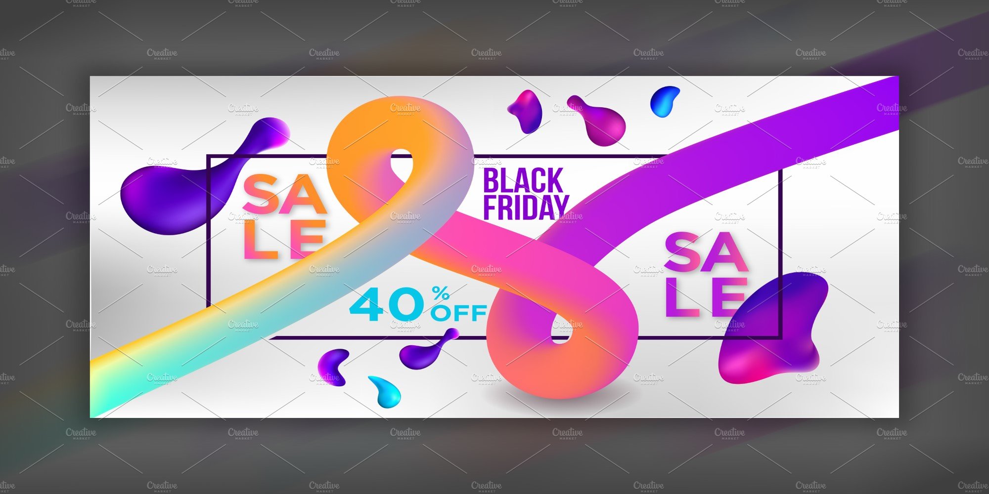 White Black Friday banner with purple soft lines and colorful font.