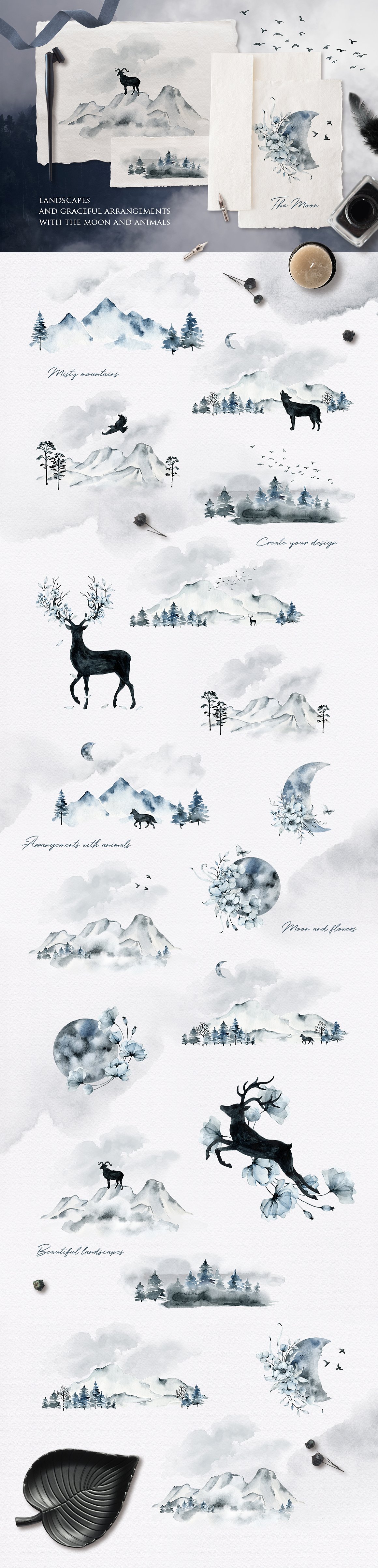 So cool watercolor mountains compositions.
