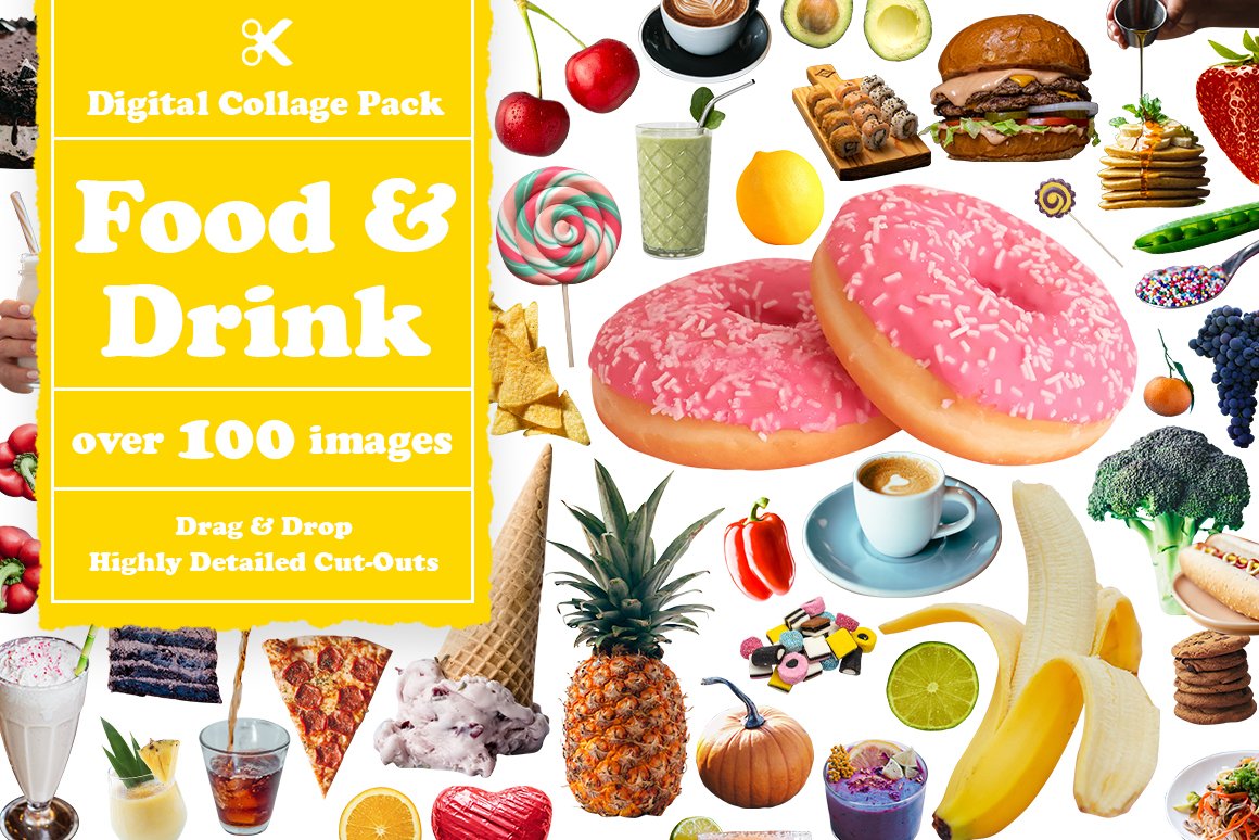 A set of different food & drinks images on a white background.