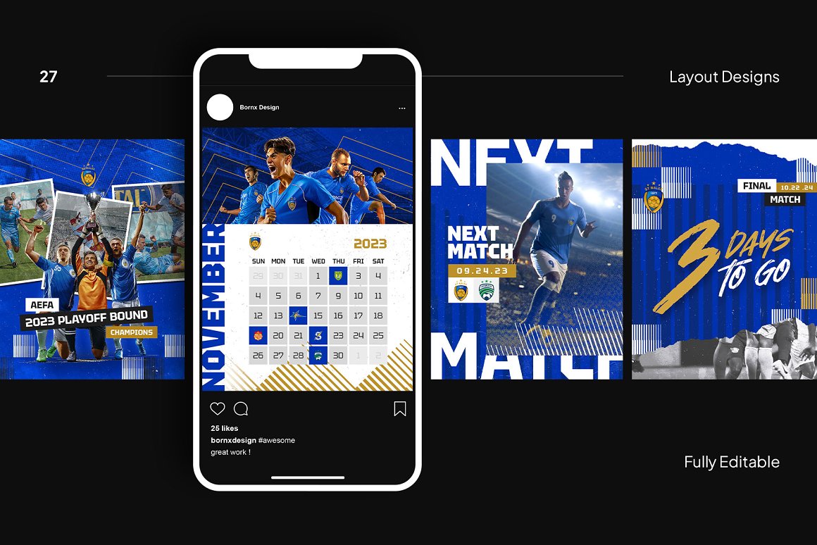 Iphone mockup with Instagram football templates.