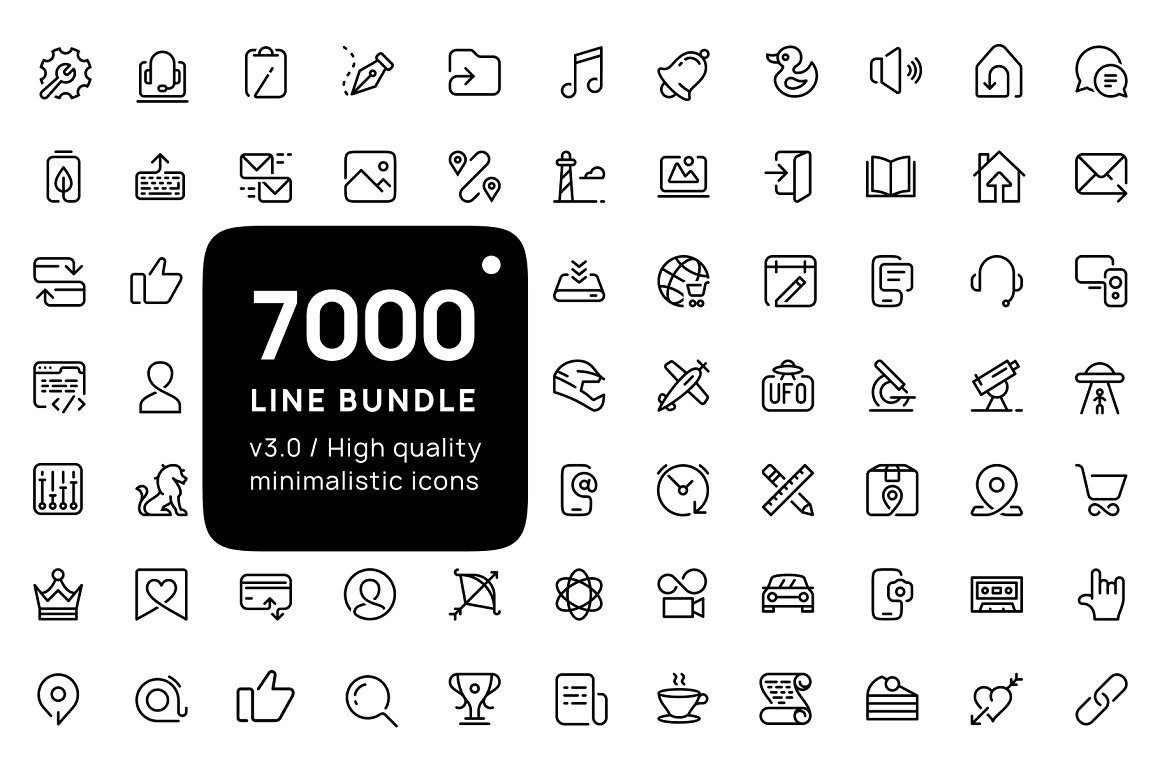 White lettering "7000 Line Bundle" on a black frame and different black icons on a white background.