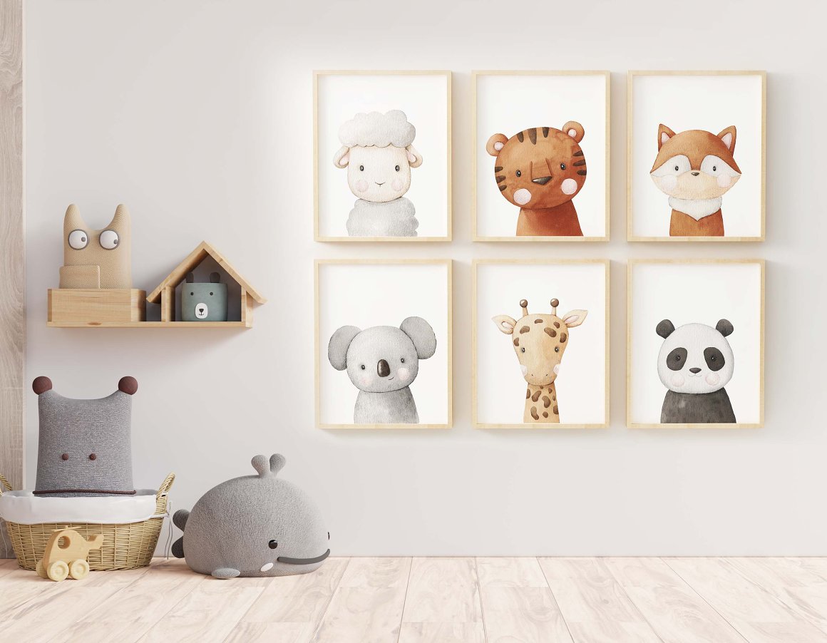 6 paintings of different animals on a white background in beige frame on the wall.