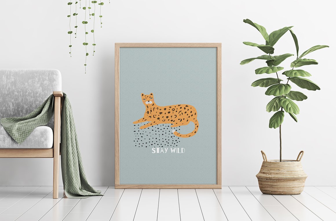 Vertical rectangle poster mockup with illustration of a tiger and white lettering in wooden frame.