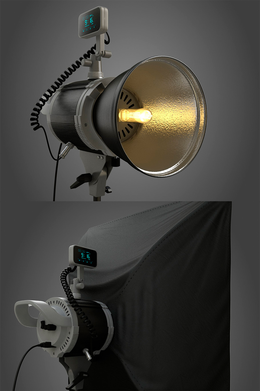 Rendering of an irresistible 3d model of a professional studio lamp and softbox