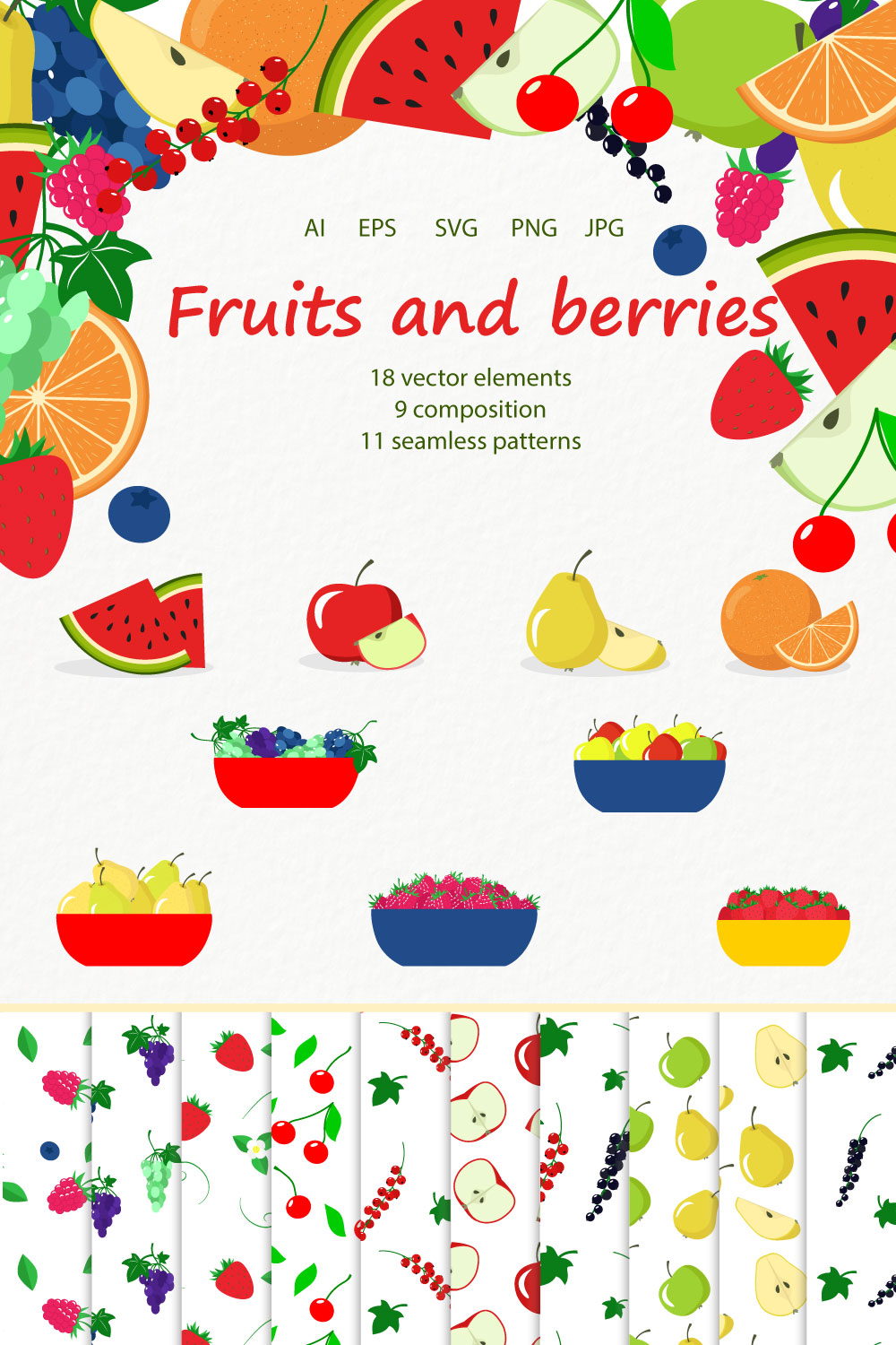 Pack of adorable images and patterns with fruits