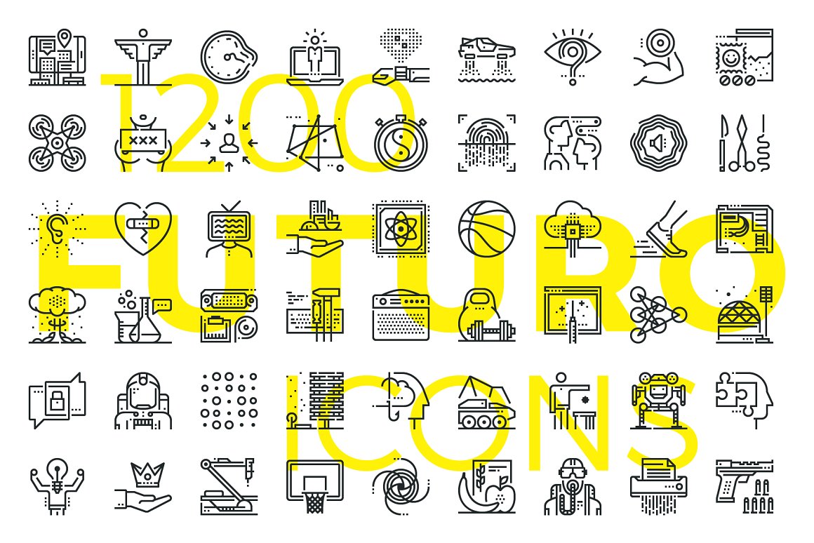 Yellow lettering "1200 Futuro Icons" and different black icons on a white background.
