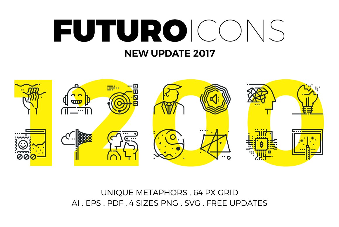 Cover with black lettering "Futuro Icons", yellow number "1200" and different black icons on a white background.