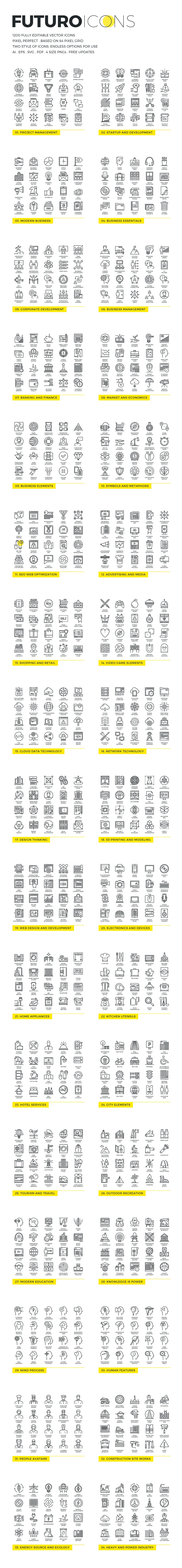 Huge pack of different black futuro line icons on a white background.