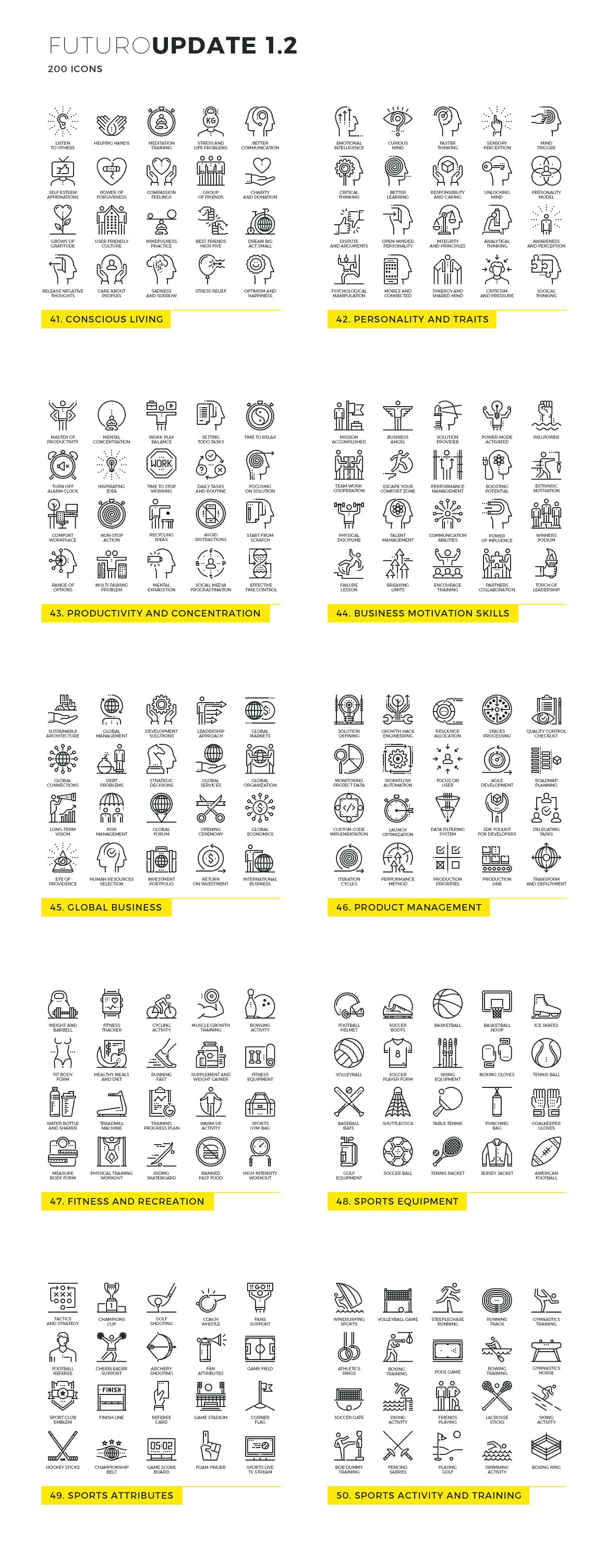 Collection of black futuro line icons on a white background.