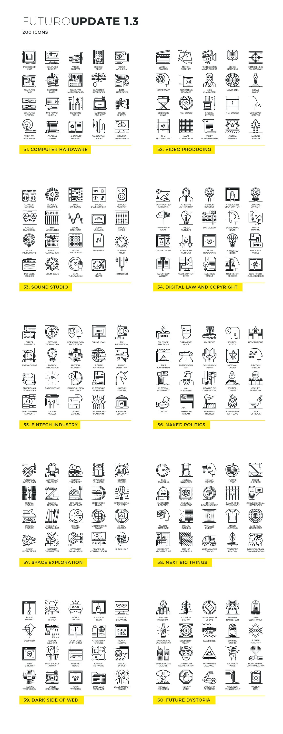 Black clipart of different futuro line icons on a white background.