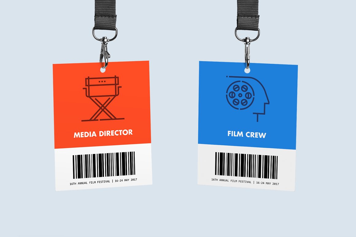 2 badges in blue and red with black icons on a gray background.