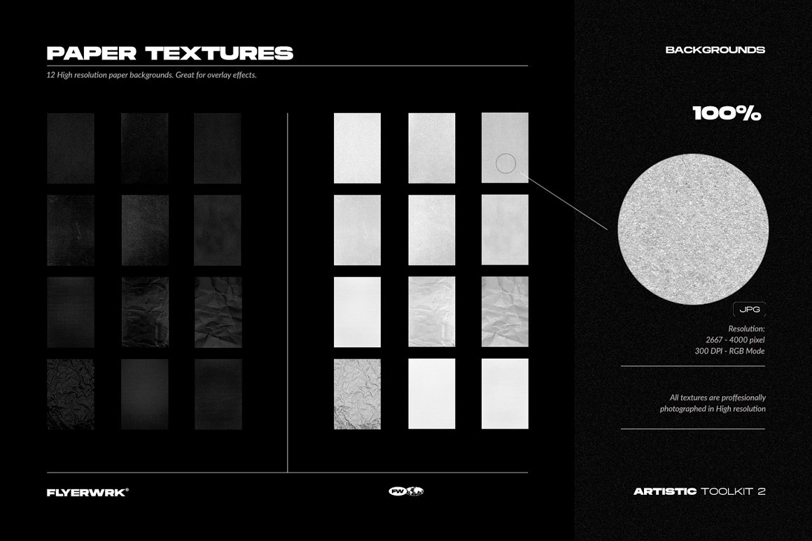 Collection of 12 black and 12 white paper textures on a black background.