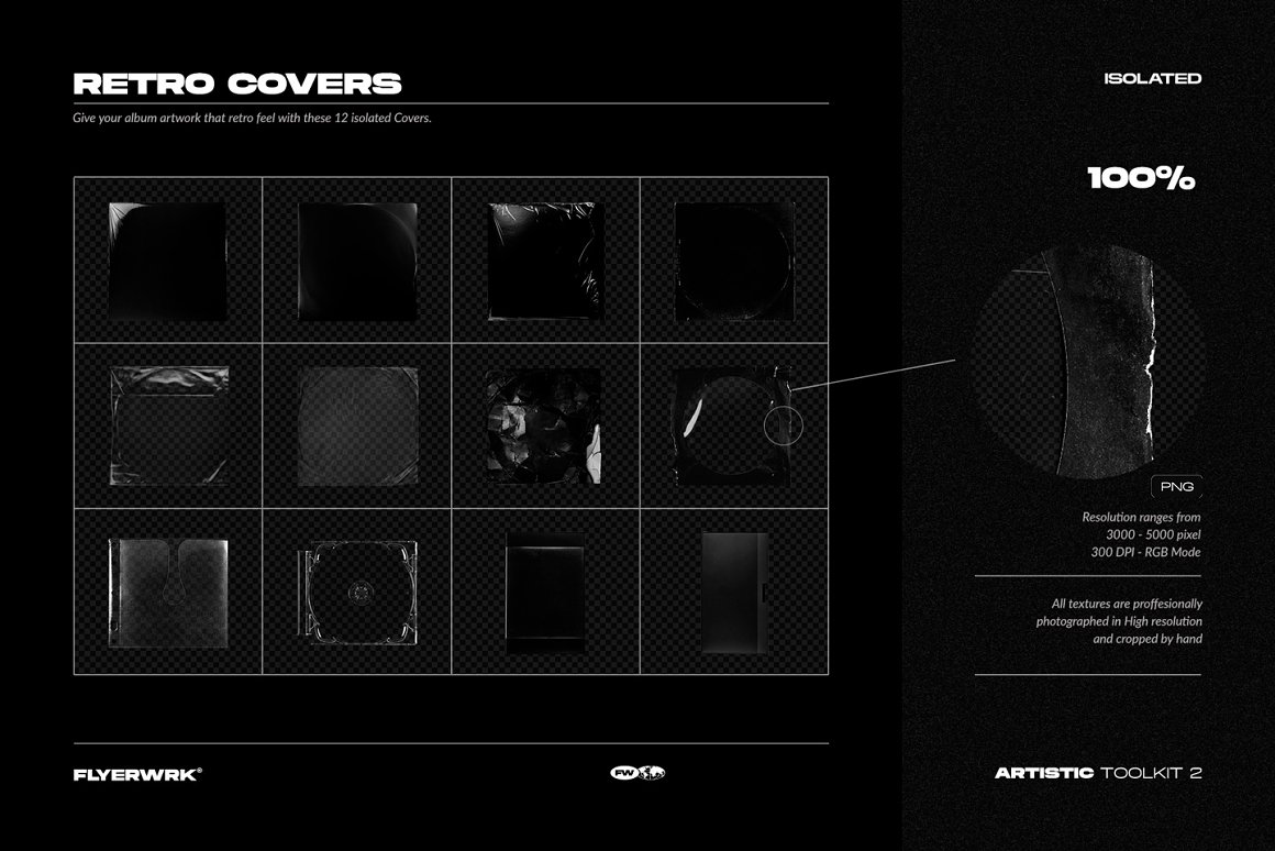 A set of 12 different black retro isolated covers.