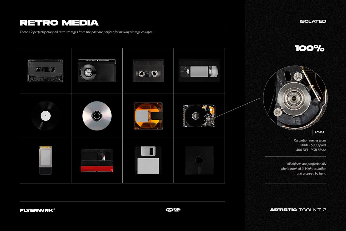 Artistic kit of 12 retro isolated media on a black background.