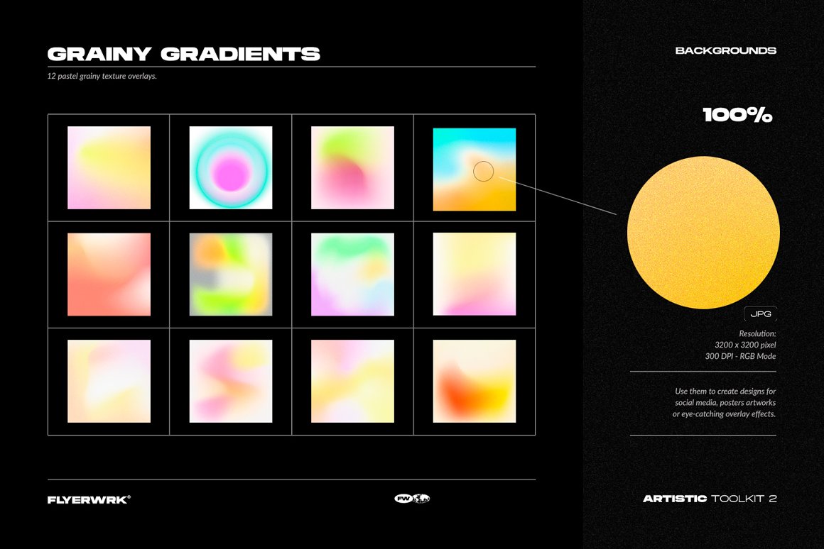 Colorful set of 12 different grainy gradient backgrounds.