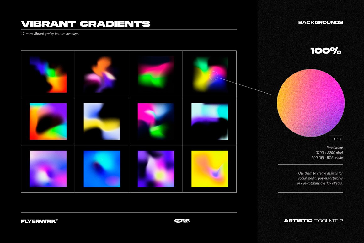 Kit of 12 different vibrant gradient backgrounds.