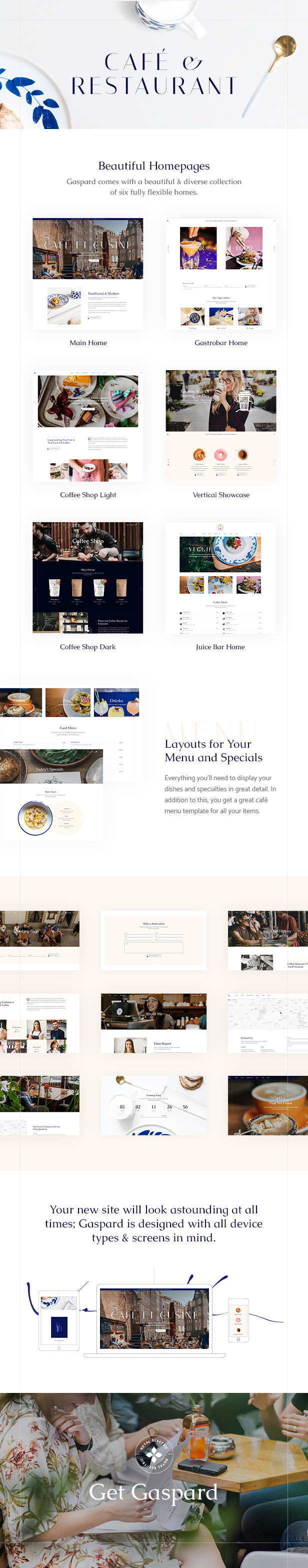 A selection of beautiful restaurant-themed WordPress template pages.