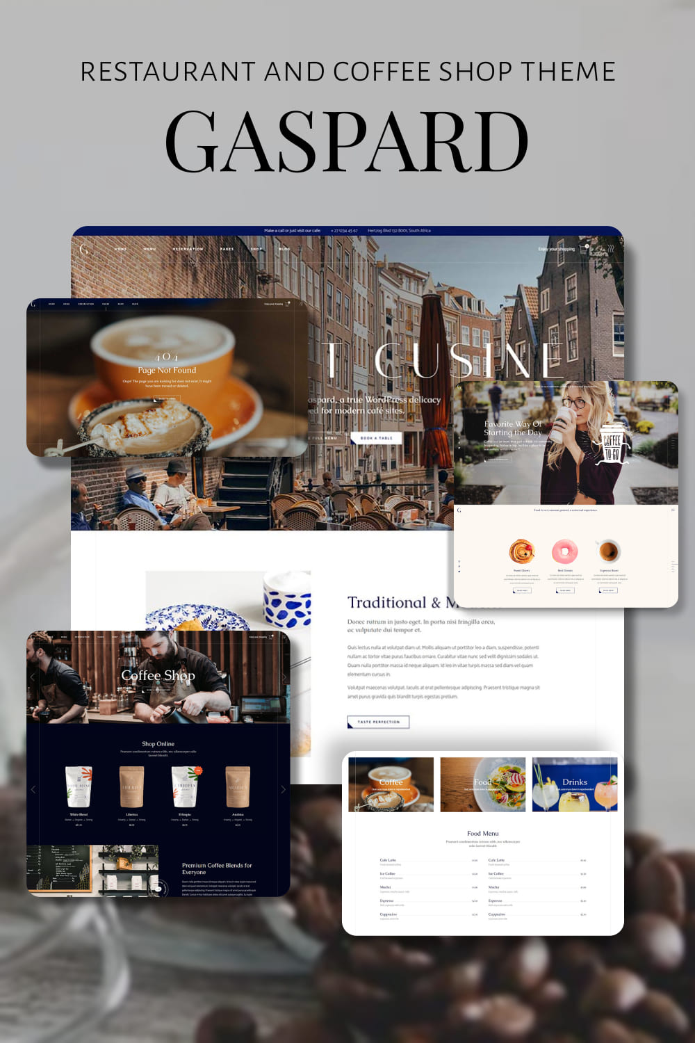 A set of colorful pages of the restaurant theme wordpress template.