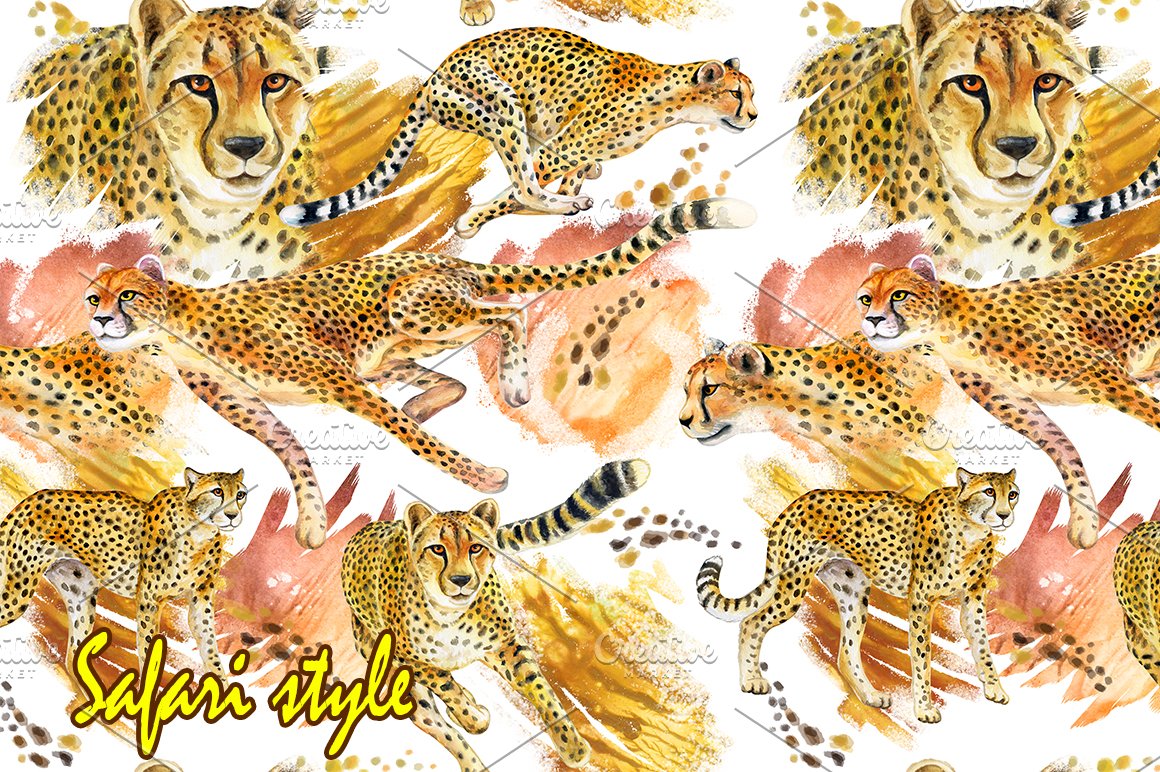 Safari style clipart of different illustrations of cheetah.