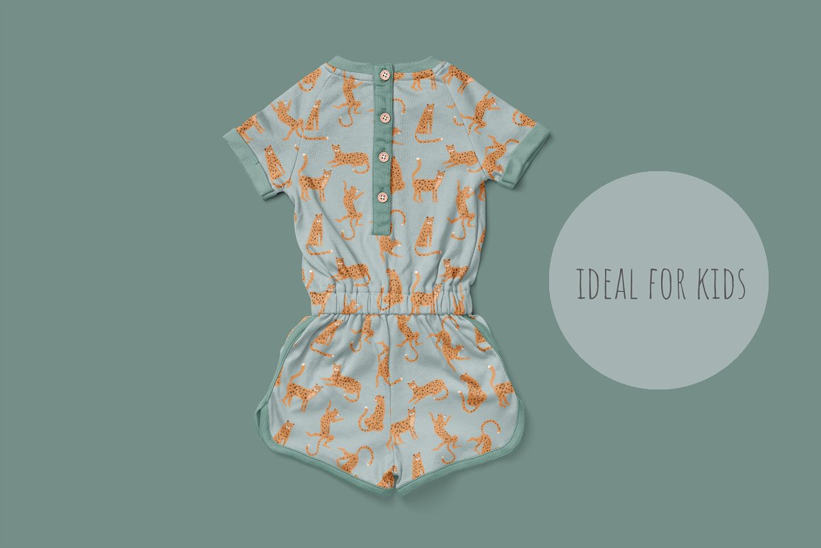 Blue girl cotton playsuit with patterns of wild animals on a dirty blue background.
