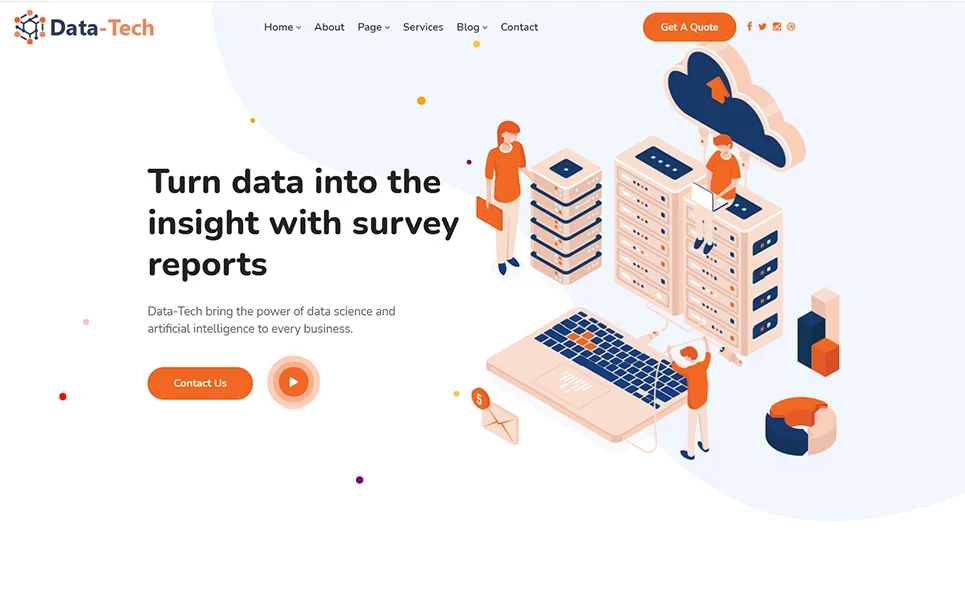 Black lettering, orange button and colorful illustration on the banner of homepage.