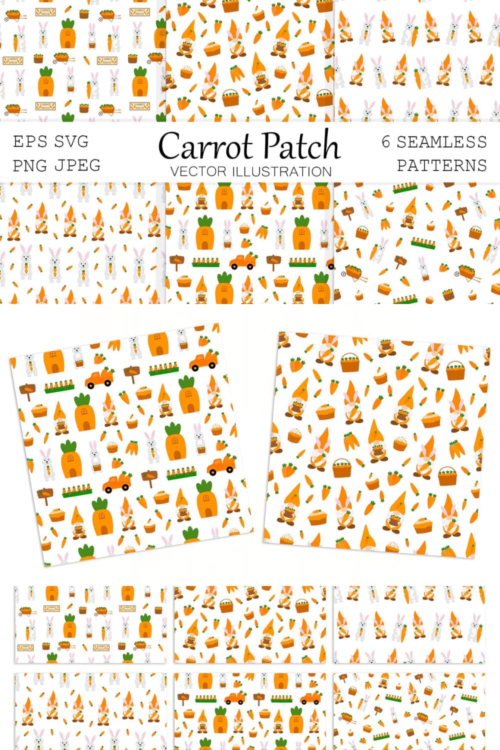 Gnomes Carrot pattern. Bunny pattern - pinterest image preview.