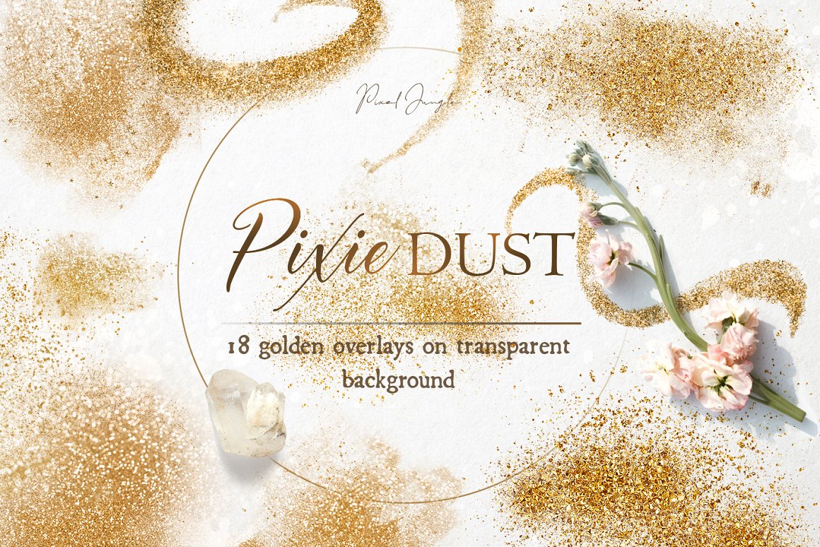 Golden lettering "Pixie Dust" on the golden glitter background.