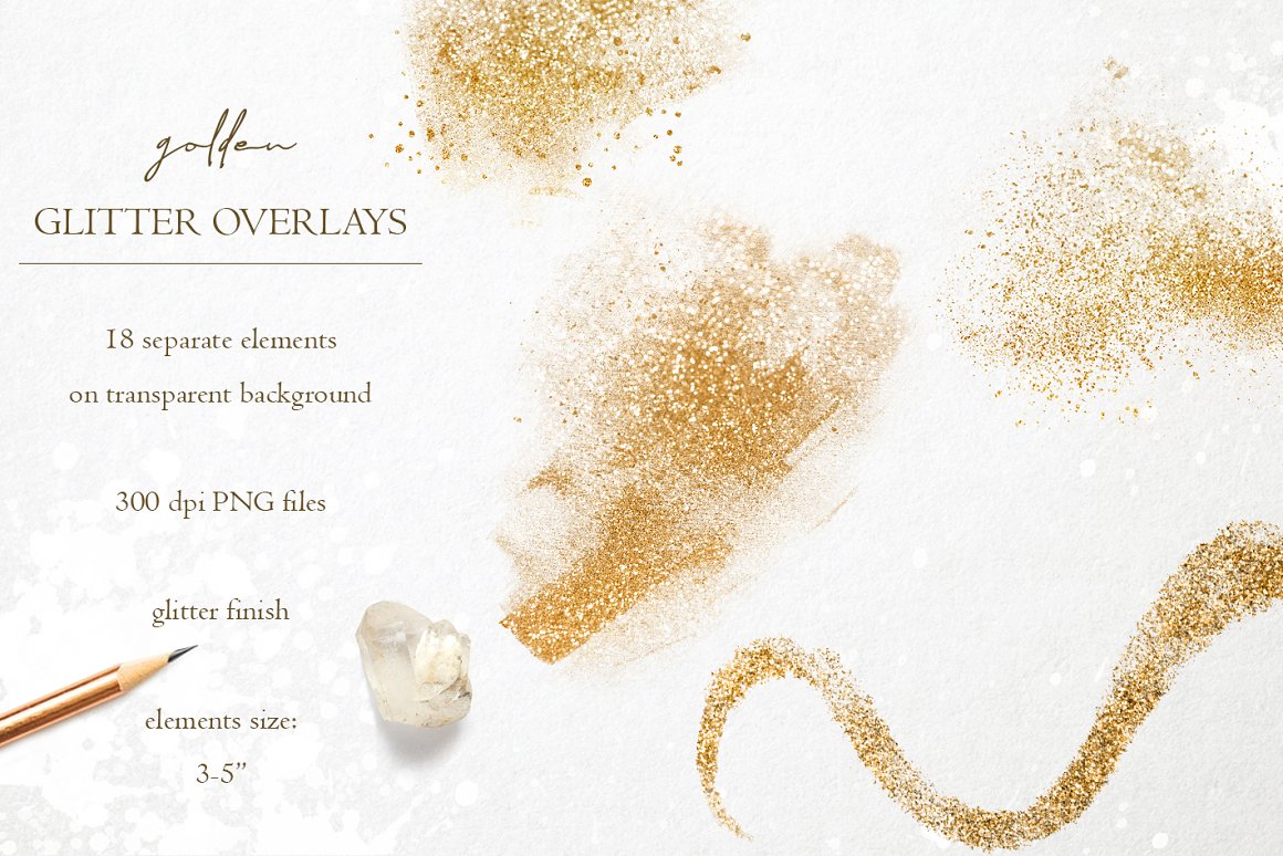 Bulleted list of "Glitter overlays" and different golden overlays on a gray background.