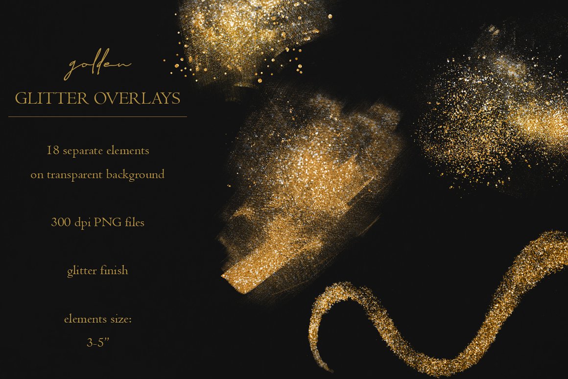 A set of 4 different golden overlays and bulleted list of "Glitter overlays" on a black background.