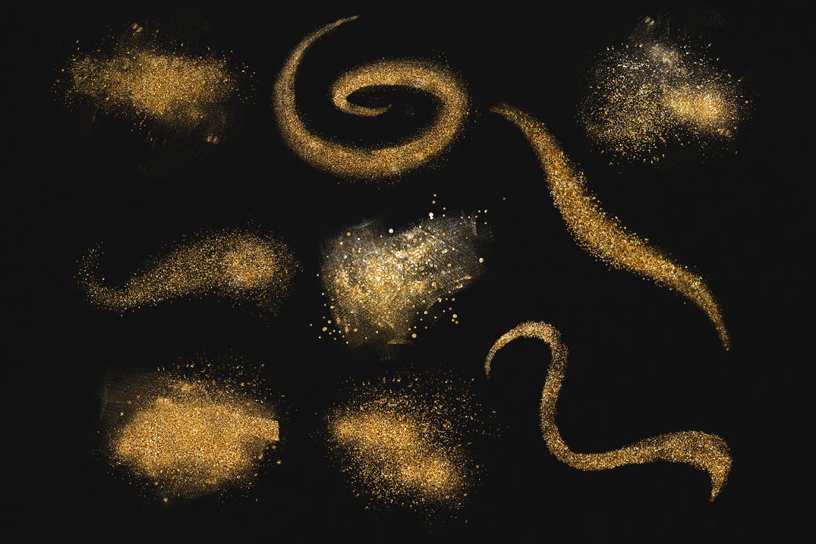 Clipart of 9 different golden dust glitter overlays powder on a black background.