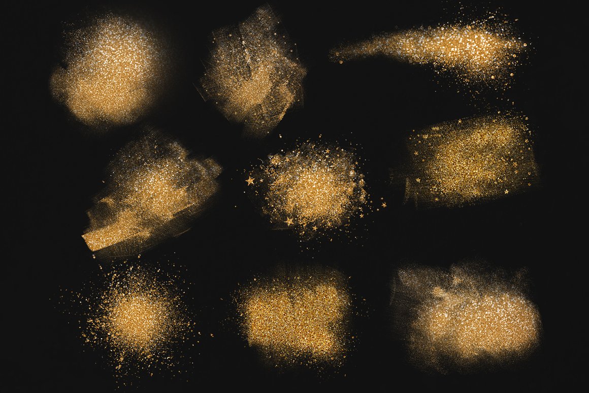 Collection of golden glitter overlays powder on a black background.