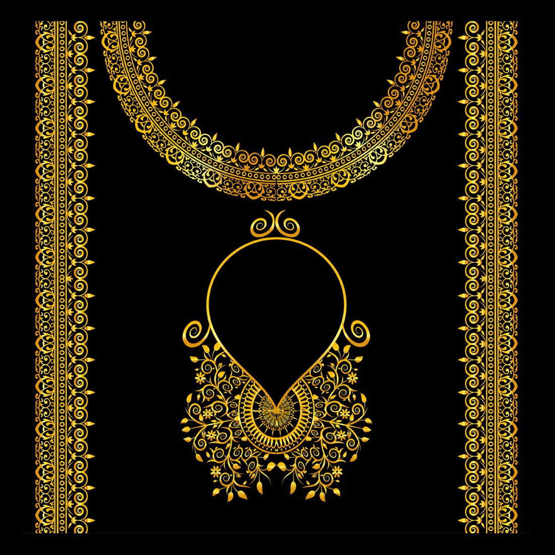 Golden Woman Dress Ornament Frame Design Vector Around Neck and Chest main cover.
