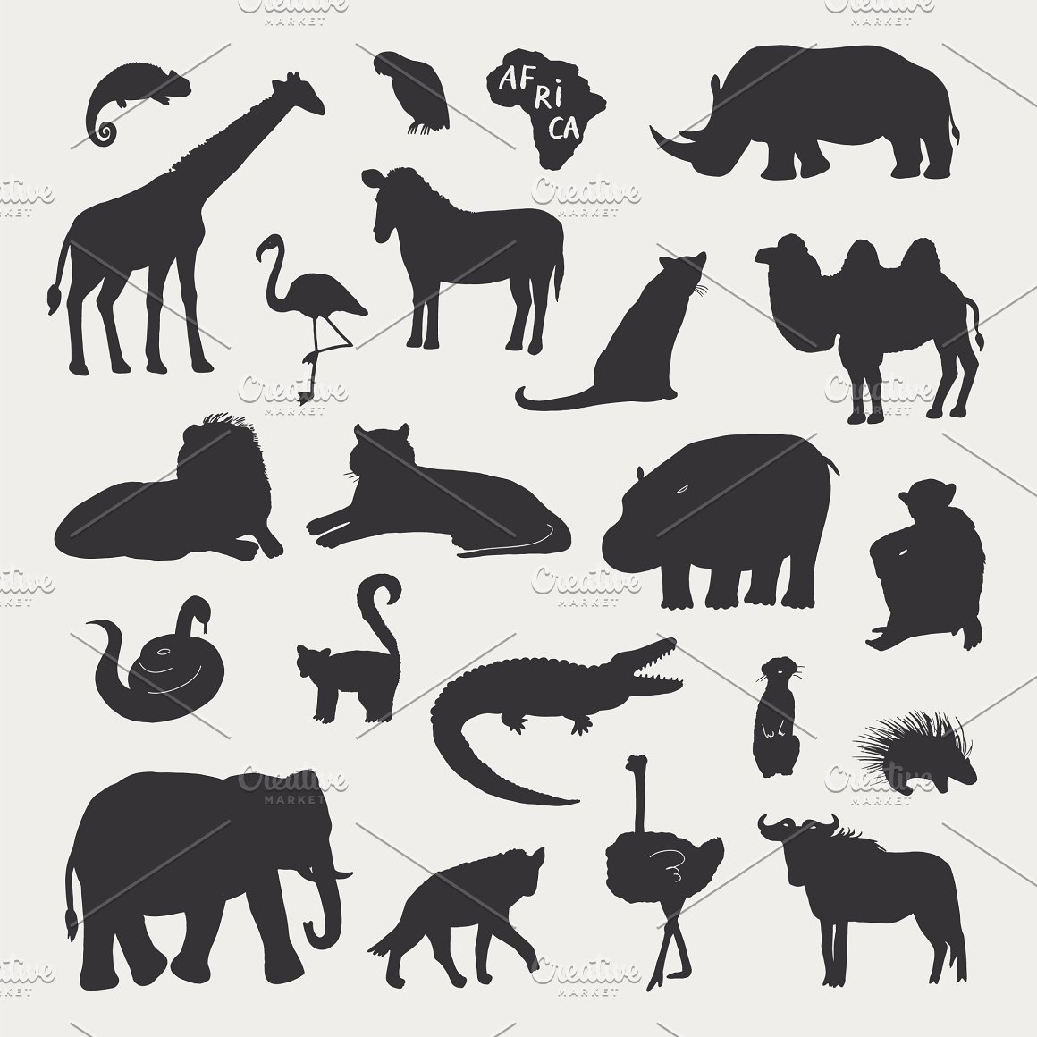 A set of silhouette of african animals on a gray background.