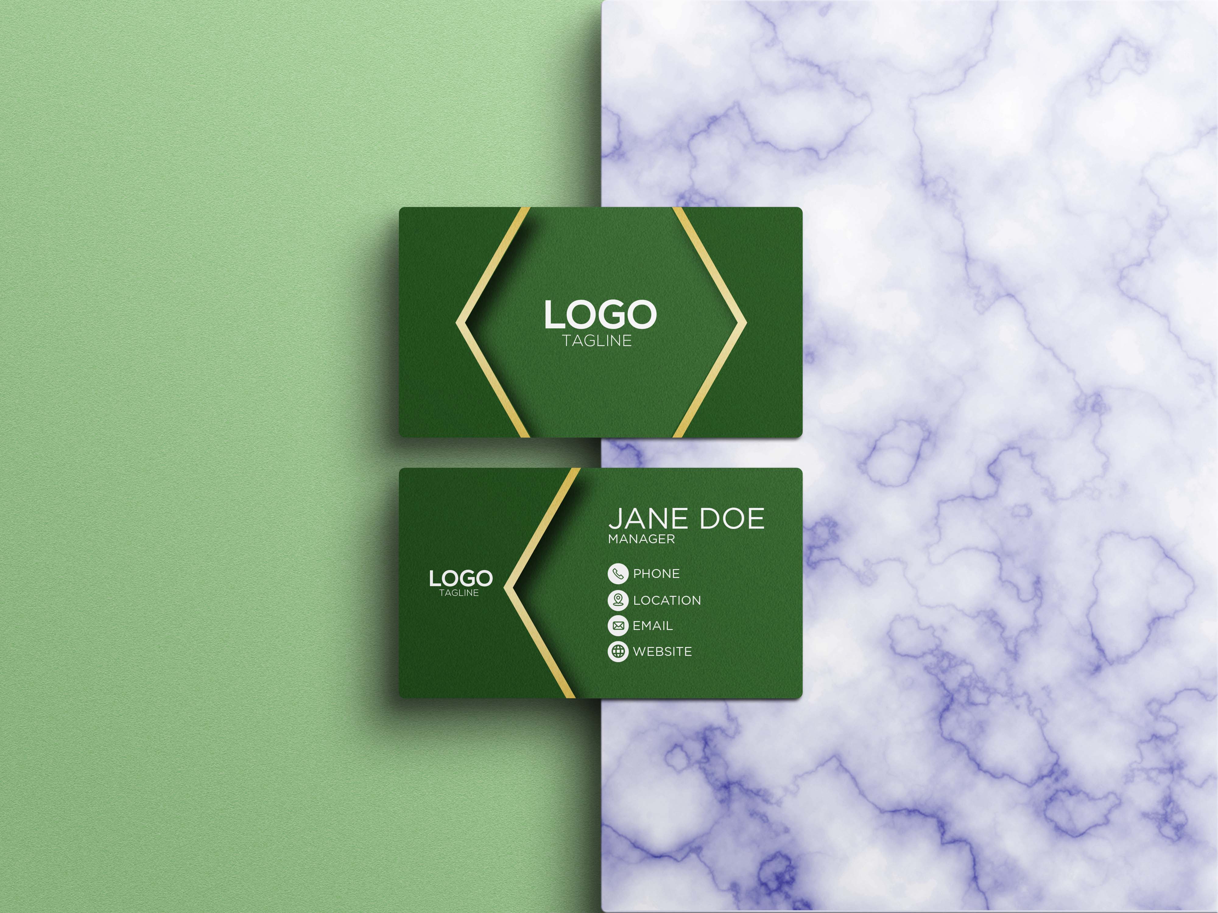 Two green business cards in minimalistic style.