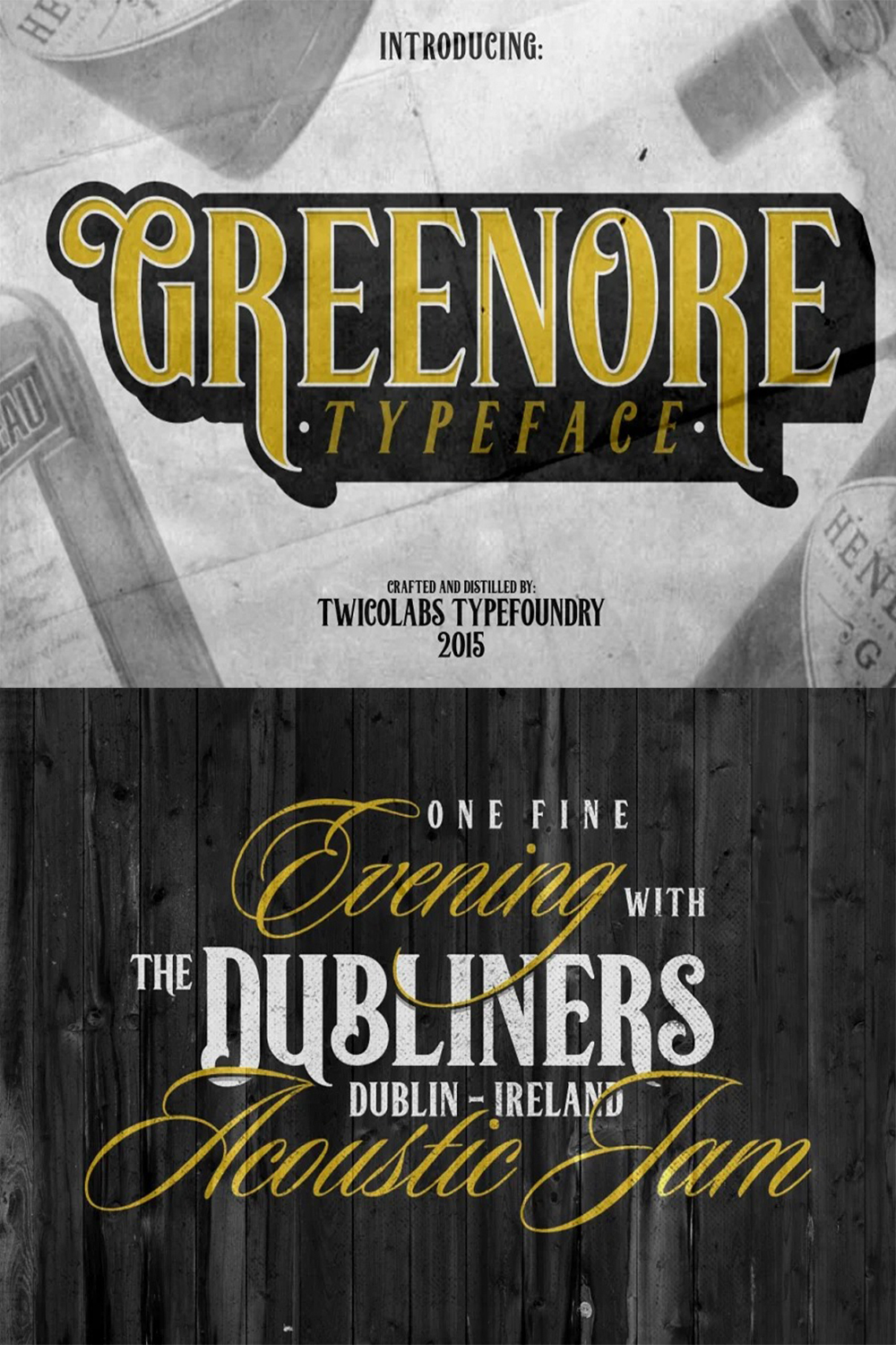 Images with text showcasing the amazing Greenore typeface.