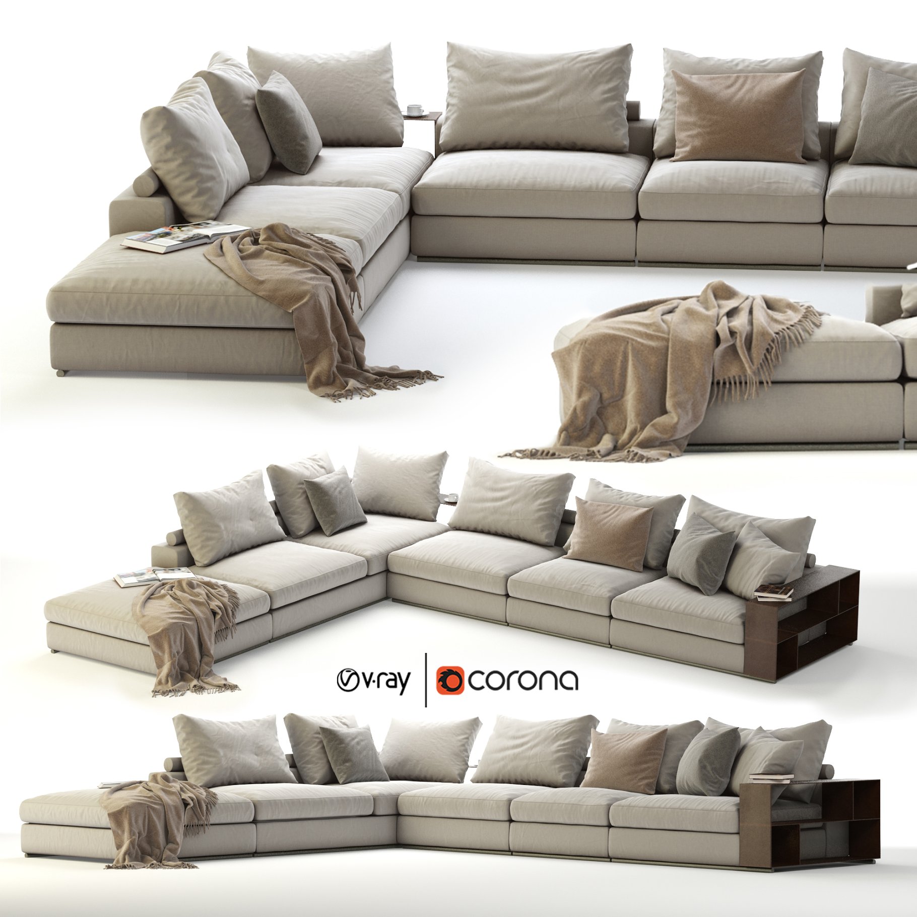 Images of a charming 3D model of a corner sectional sofa from different angles