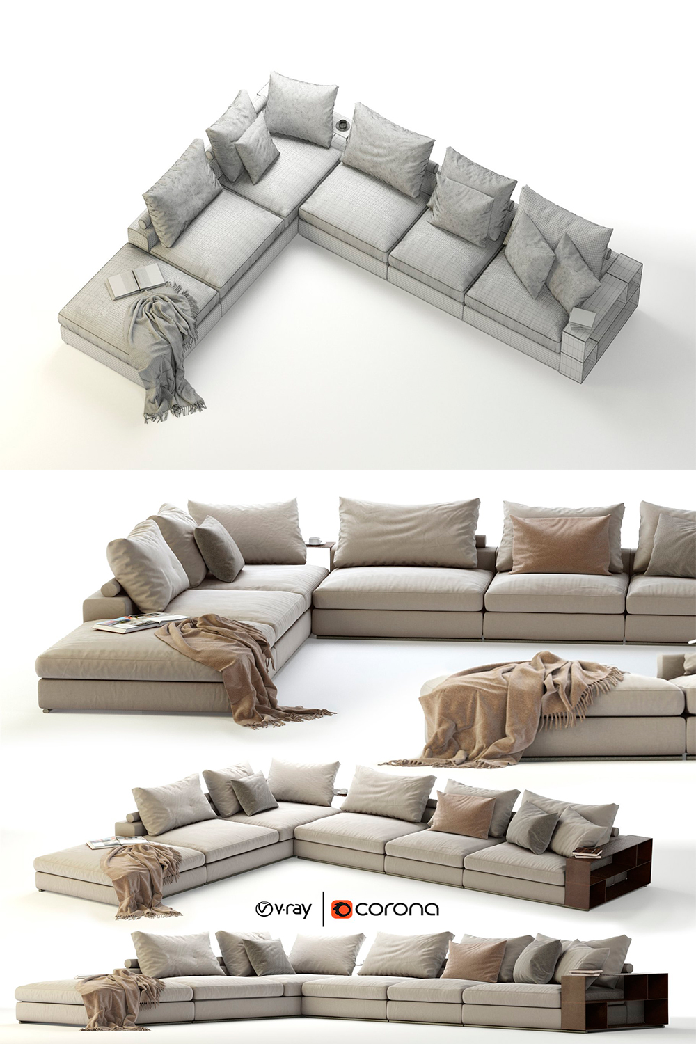 Images of a beautiful 3D model of a corner sectional from different angle
