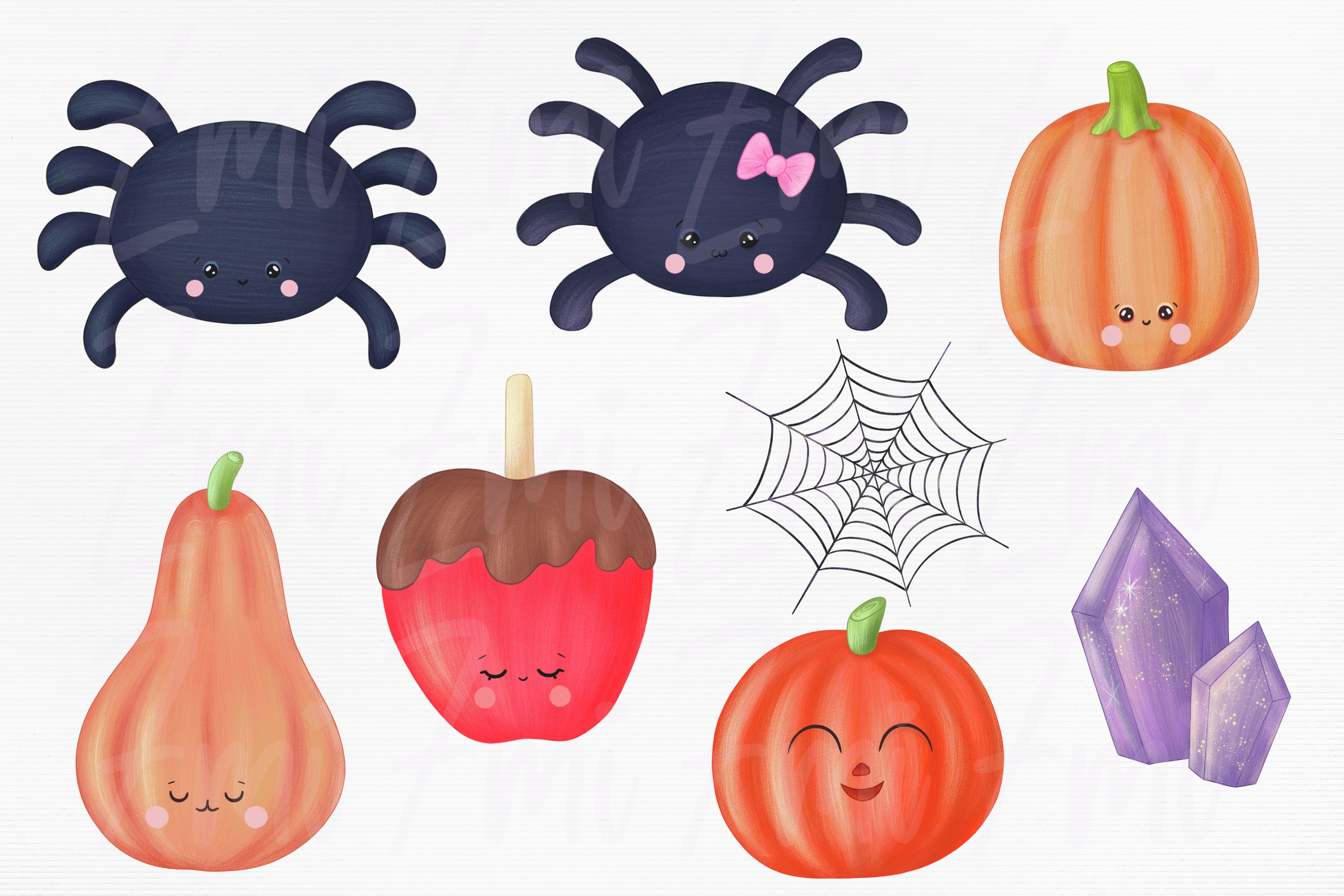 Clipart of 8 different halloween illustrations on a gray background.