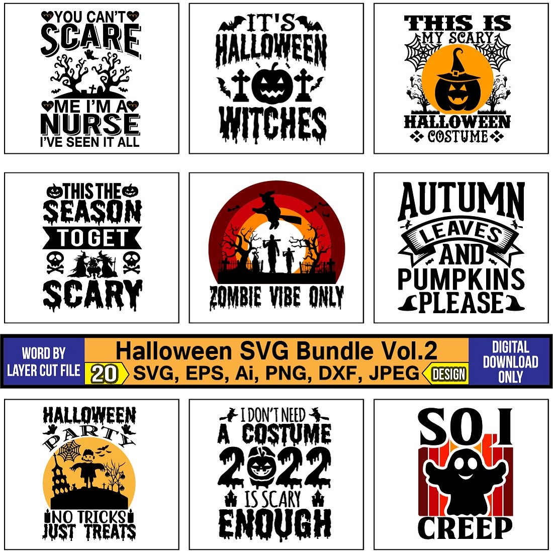 Pack of adorable images for prints on the theme of Halloween.