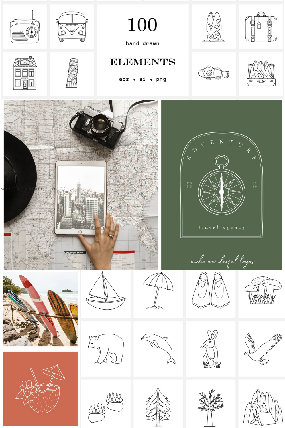Hand Drawn Line Travel Icons - Pinterest.