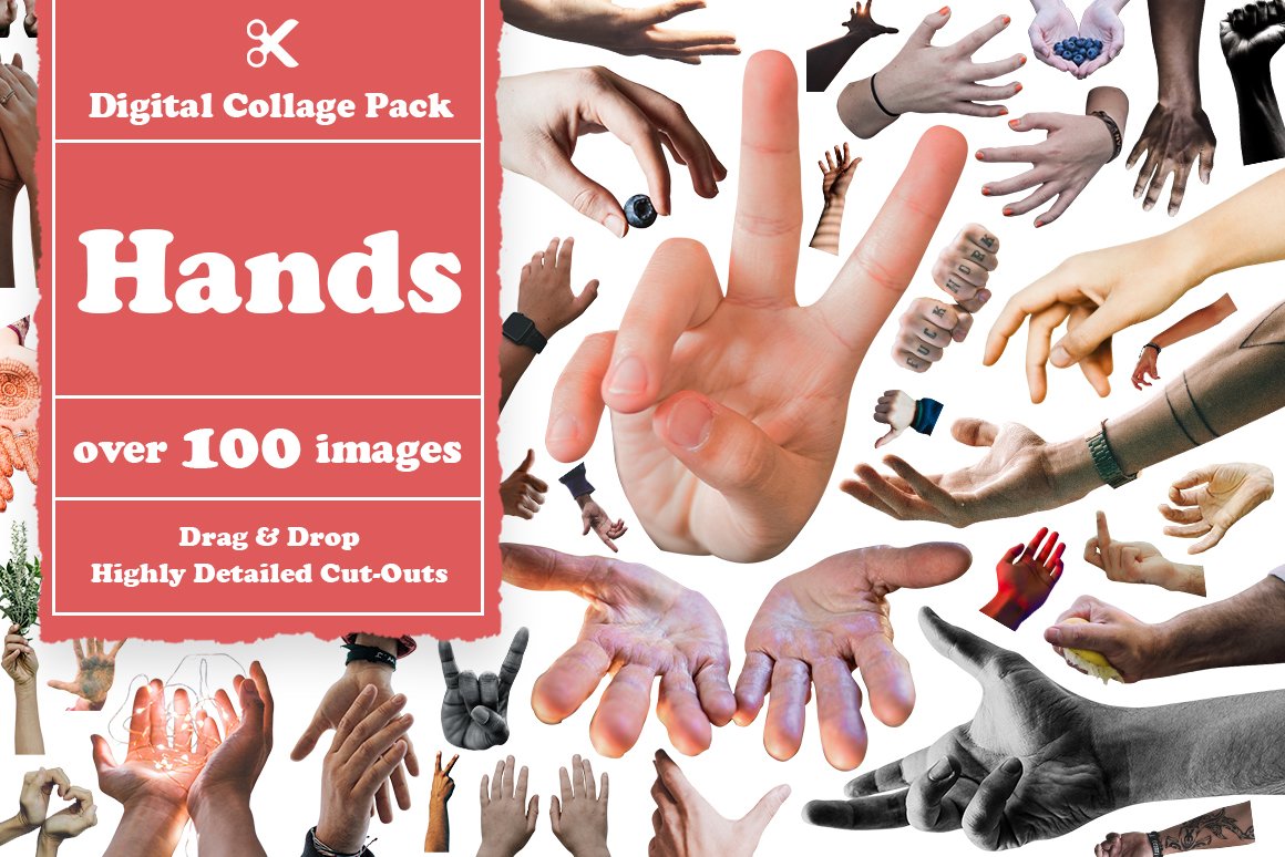 Clipart of different illustrations of hands on a white background.