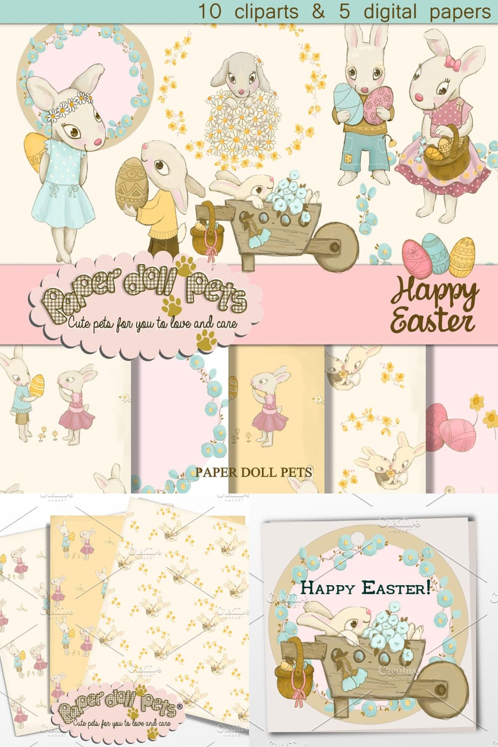 Happy Easter Bunnies Clipart - pinterest image preview.