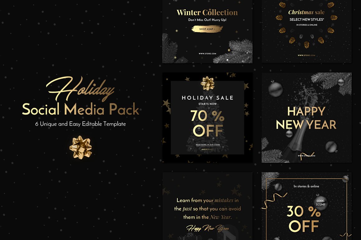 Golden lettering "Holiday Social Media Pack" and different examples on a black background.