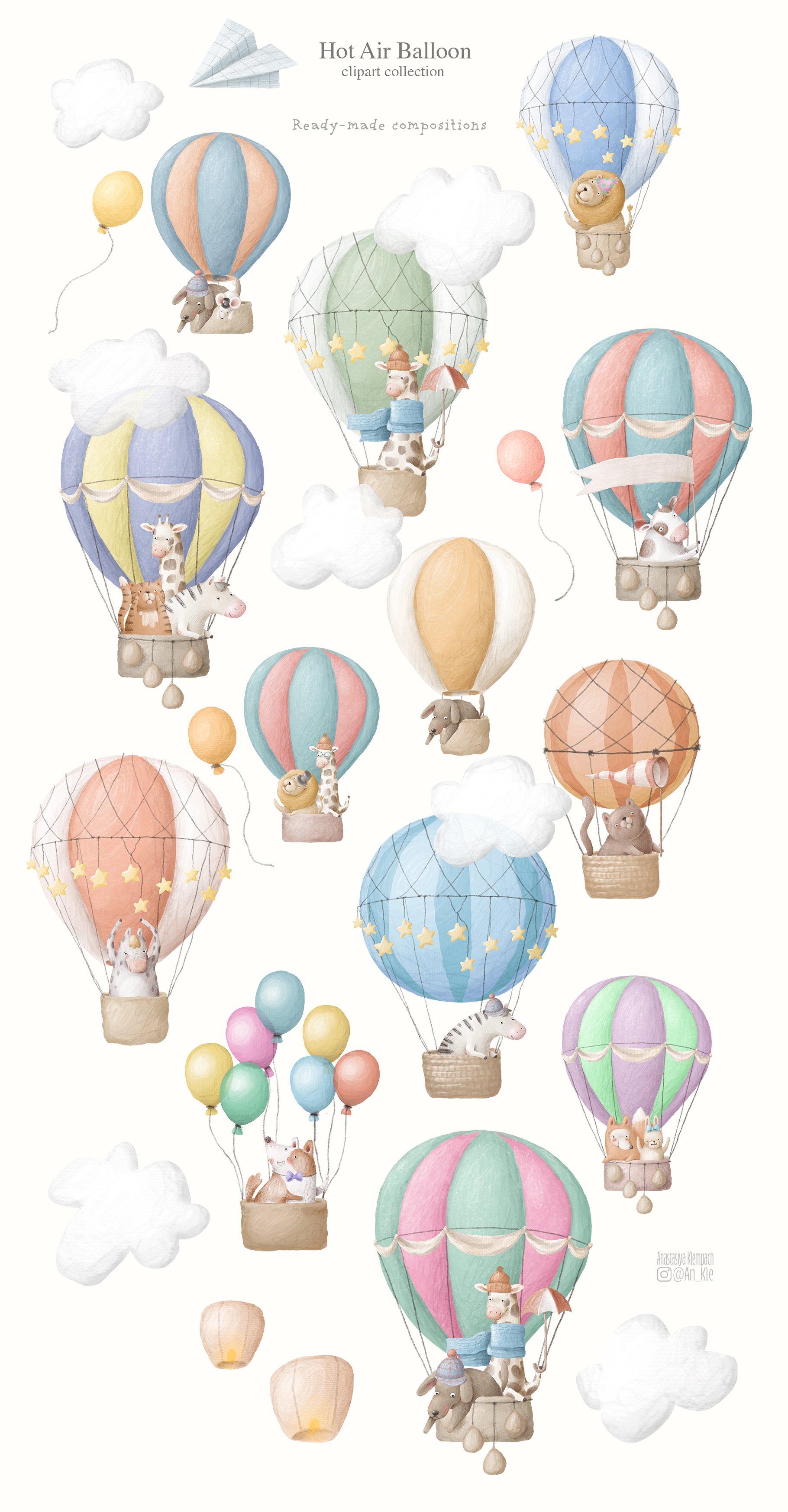 Diverse of pastel hot air balloons.