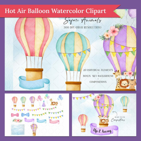 Hot Air Balloon Watercolor Clipart.