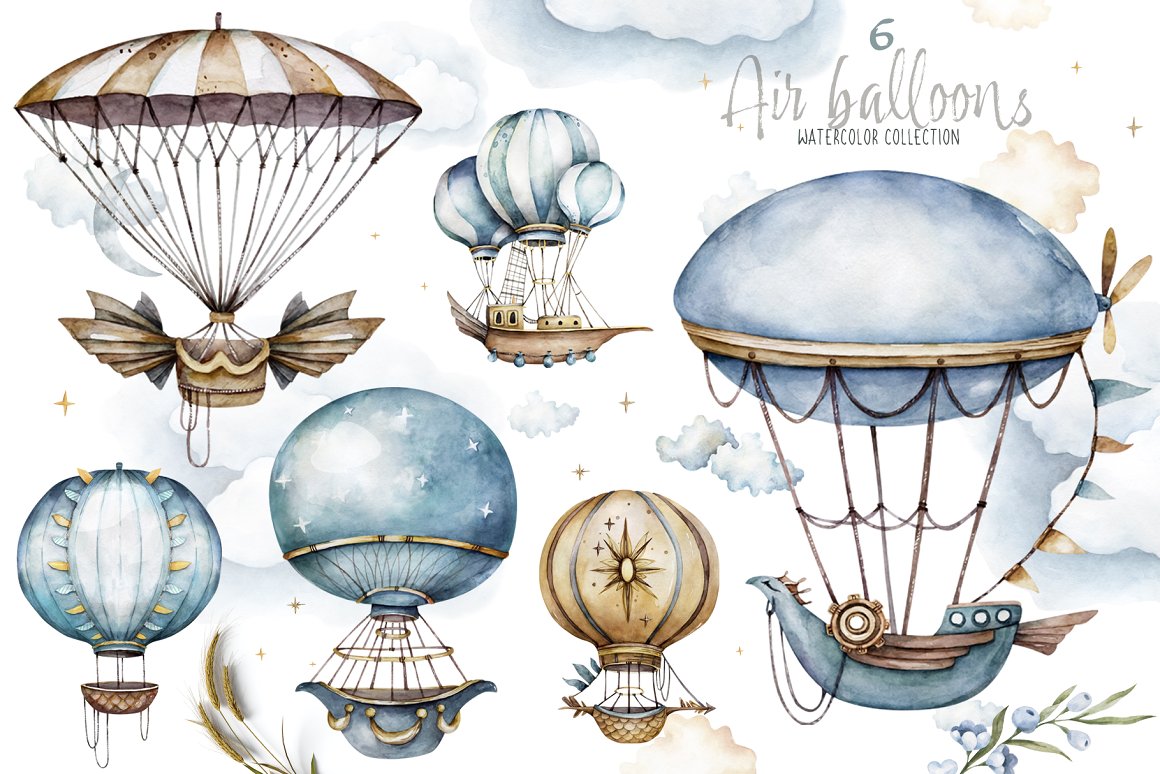 A pack of elegant images with watercolor airships.
