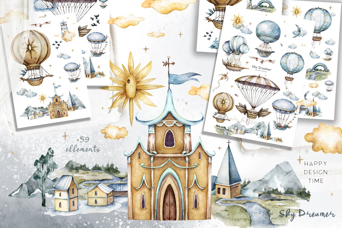Collection of enchanting images with watercolor airships.