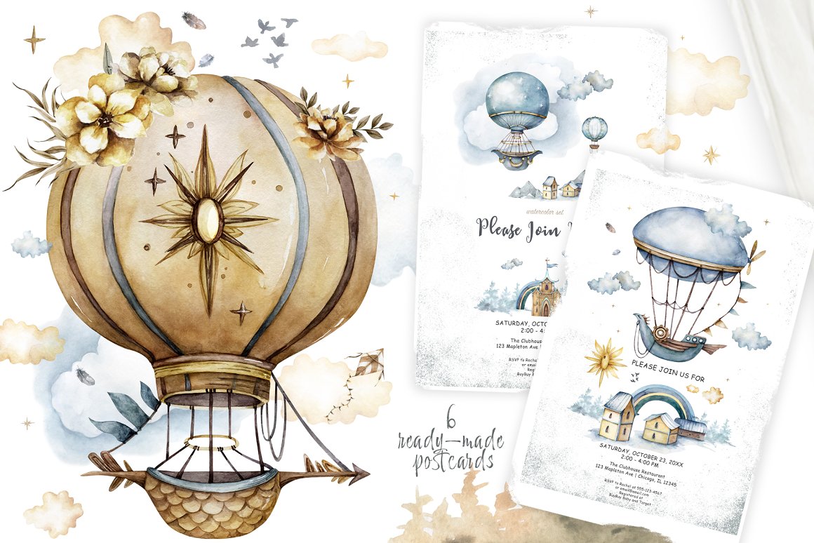 Pack of wonderful patterns with watercolor airships.