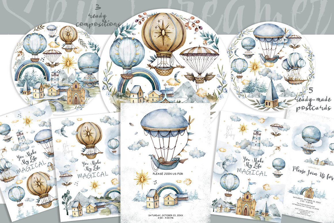 Collection of beautiful images with watercolor airships.